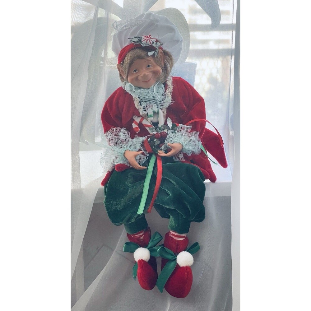 Christmas Cook Elf Shelf Sitter Ornament 16" Red Green Outfit Articulated Legs